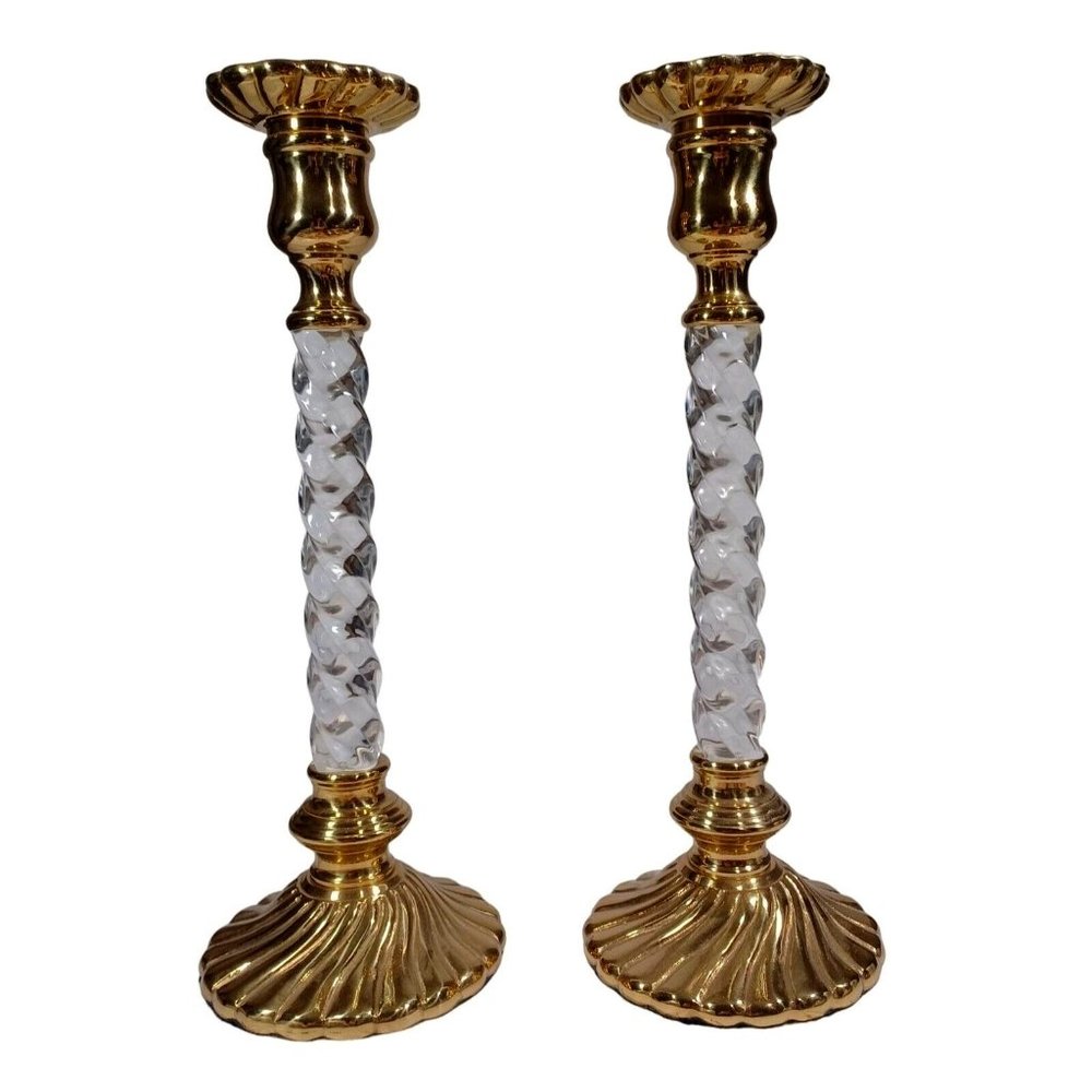 Hollywood Regency Brass Clear Lucite Spiral Twist 13" Candlestick Candle Holders - Picture 2 of 4